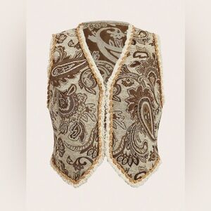 NEW HOUSE OF HARLOW 1960 Boho Tapestry Jacquard Paisley Floral Woven Fringe Vest